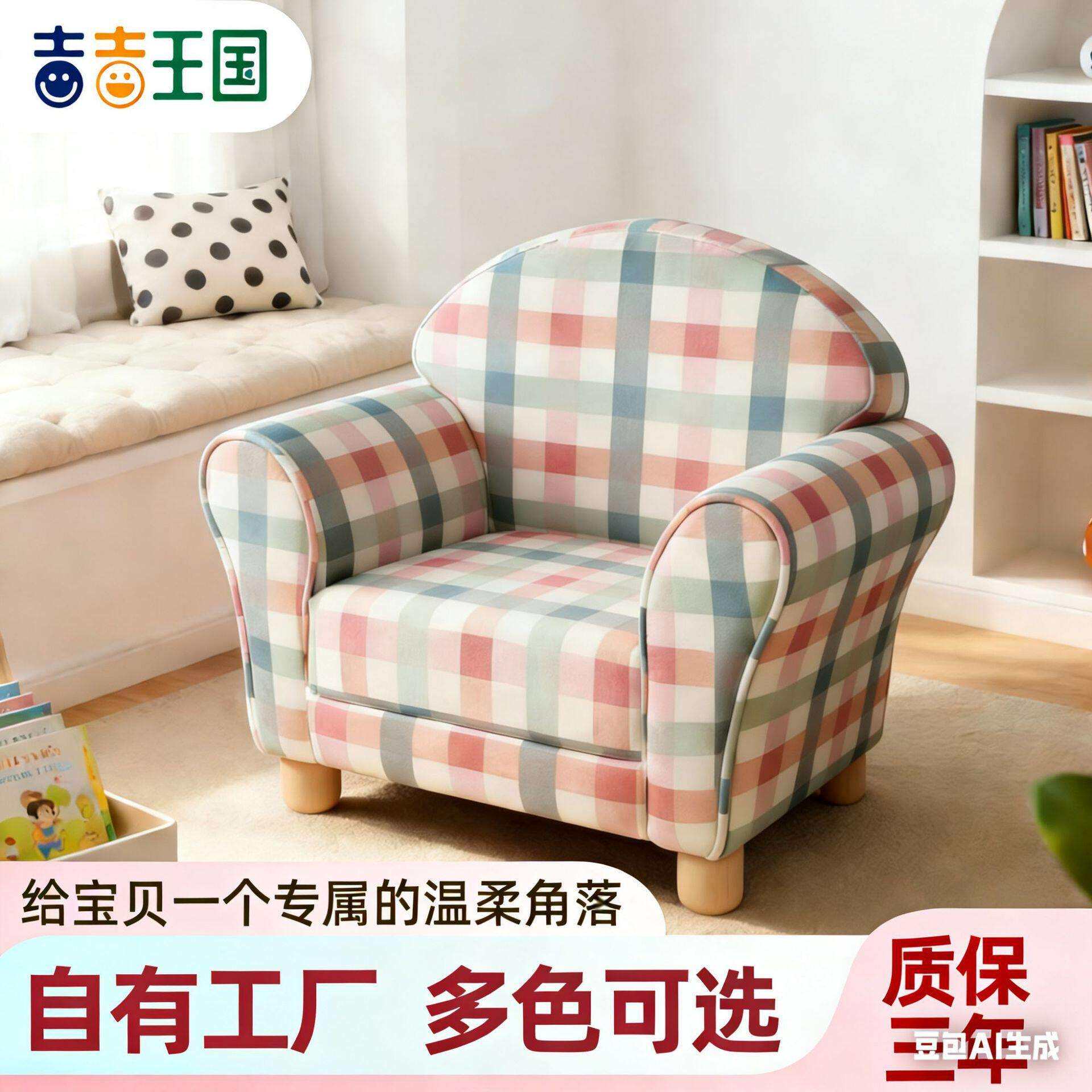 儿童纯棉人布艺学坐小沙发幼儿园女孩格子阅读区娃娃屋座椅