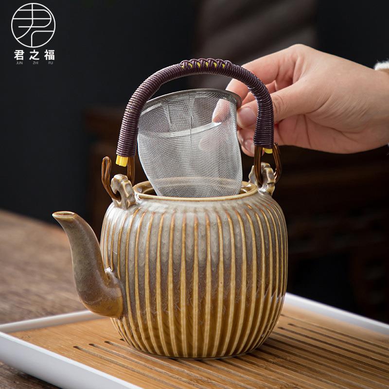 跨境陶瓷提梁壶茶具套装大容量日式简约罗纹茶壶茶杯带过滤网整套