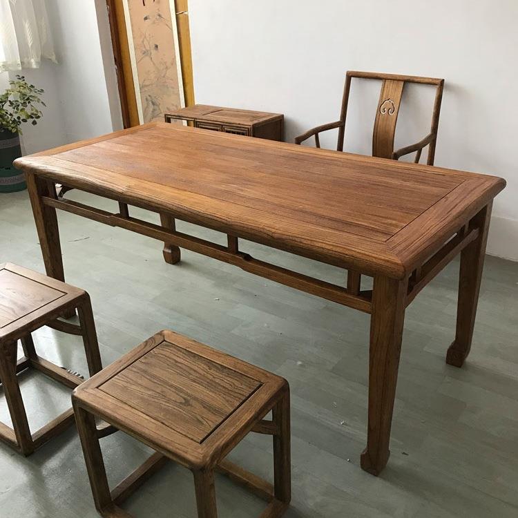 老榆木茶桌中式复古餐桌椅实木长条凳民宿禅意风化老门板马蹄书桌