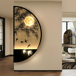 中古风玄关装 复古卧室床头发光壁灯画 饰画竹子沙发背景墙挂画法式