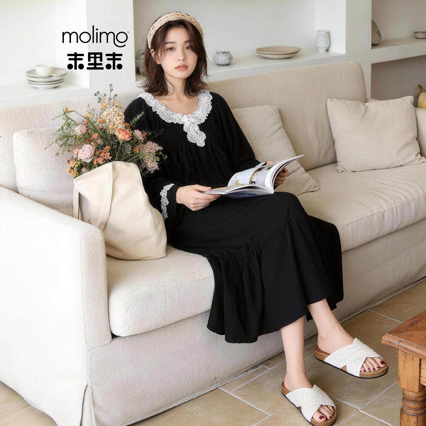 睡衣女士秋季袖纯棉丝荷叶边黑色长睡裙蕾松ZQ4显瘦宽公主风连衣