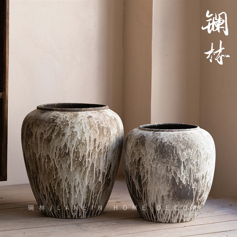 景德镇侘寂风南蛮落地花瓶新中式复古简约粗陶罐客厅酒店装饰大缸