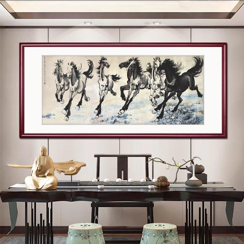 徐悲鸿八骏图客厅挂画办公室名家字画马到成功招财大气实木装饰画