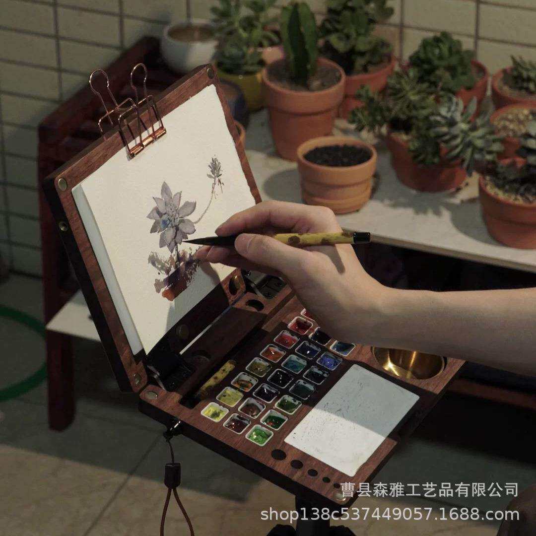 胡桃木27格调色盘可折叠大容量颜料盘户外美术木质绘画水彩颜料盒