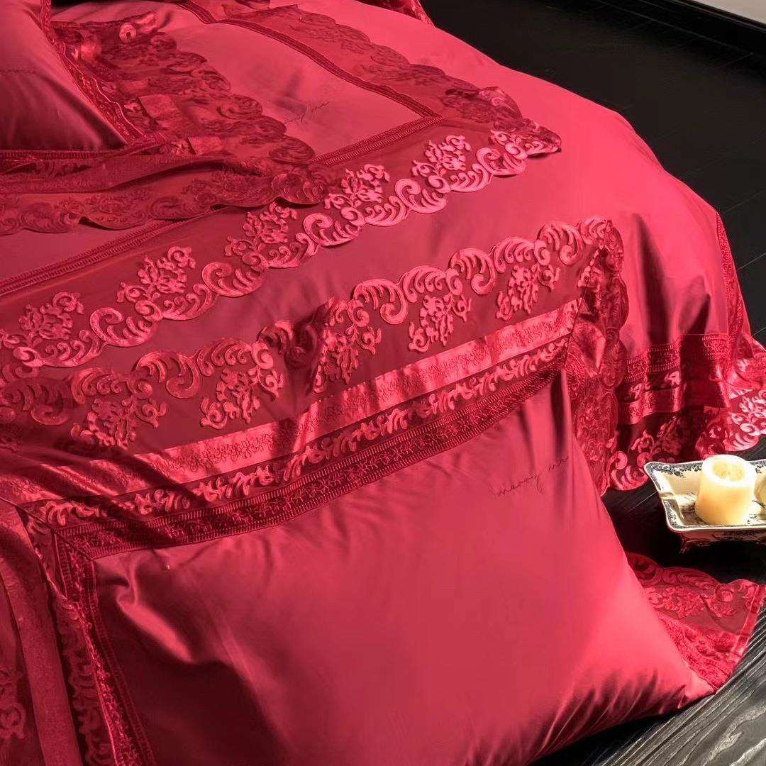新中式婚庆全棉50支双股贡缎长绒棉四件套蕾丝大红结婚喜庆床品