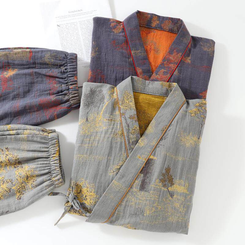 春中RWU汉服男式士居服家套装纯棉色织提花秋纱布睡衣和服浴衣汗