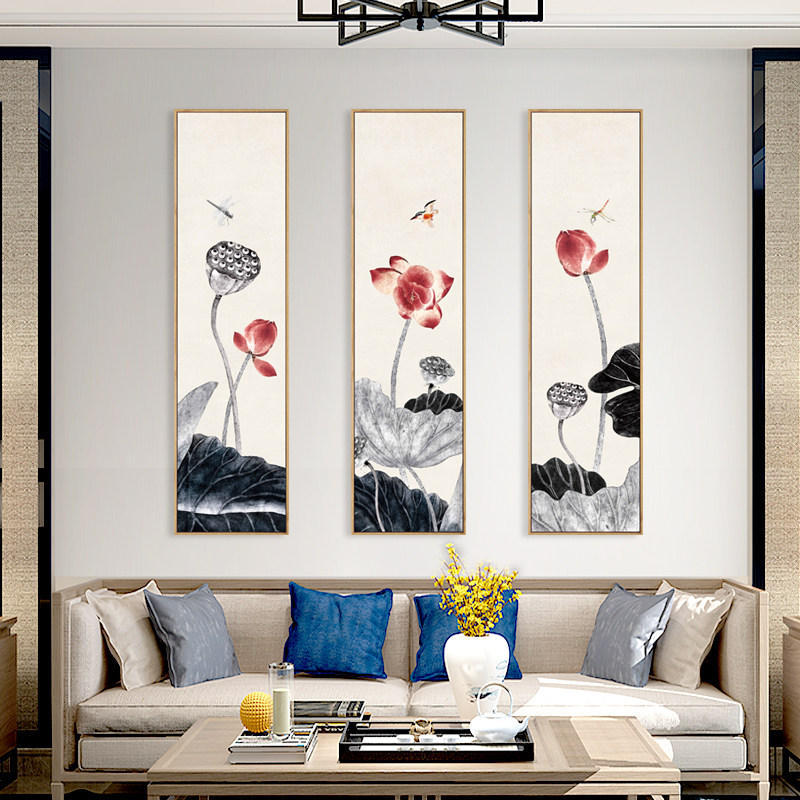 水墨宣言 新中式客厅背景墙画荷花装饰画三联幅禅意莲花古风挂画