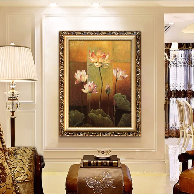 背景墙美式玄关沙发欧式壁画油画荷花装饰画墙画客厅餐厅挂画定做