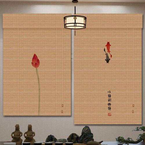 中式竹帘卷帘隔断屏风帘茶室印花挂画帘禅意复古日式窗帘家用遮光