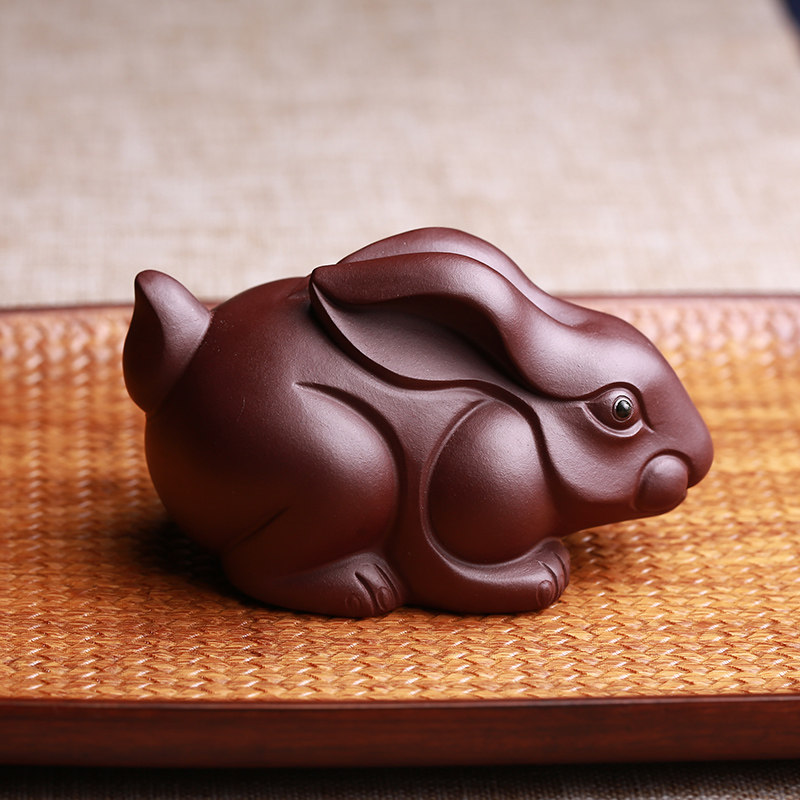 宜兴精品紫砂全手工茶宠小兔子摆件瑾青功夫茶具雕塑茶玩可养茶道