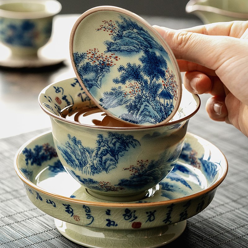 江山可染盖碗茶杯单个茶碗带盖茶具泡茶杯老淘泥将军三才手工盖杯
