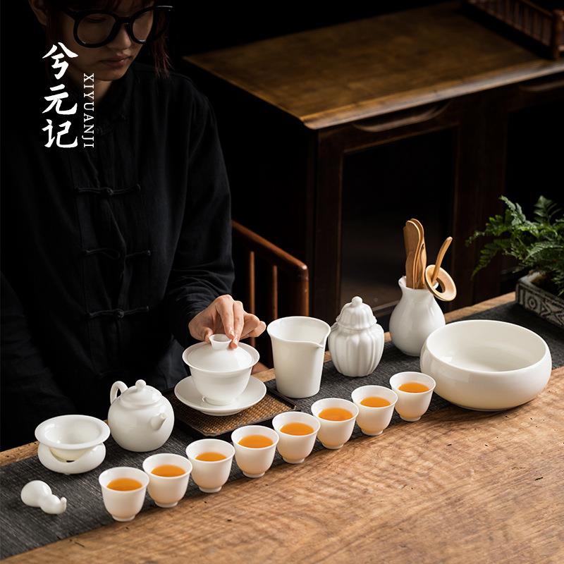 德化羊脂玉瓷盖碗套装茶具家用待客功夫小套高档泡茶壶茶碗大套装
