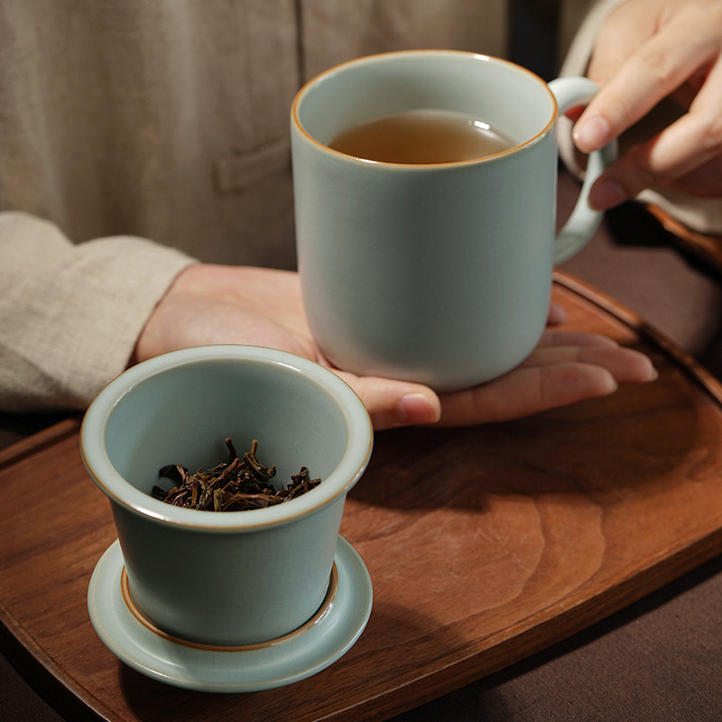 汝窑办公杯陶瓷茶杯带盖过滤功夫茶泡茶水杯大容量景德镇青瓷礼品