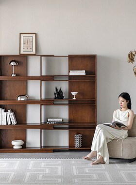 润家家居中古风客厅书架可自由调节落地家用陈列柜实木组合书柜子