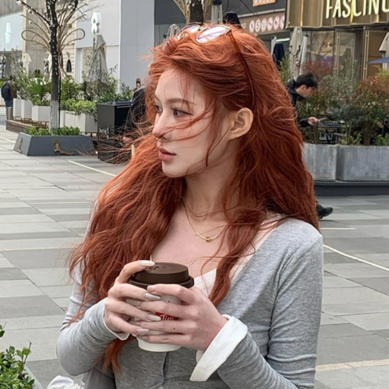 橘色假发女前蕾胎毛中分长卷发羊毛卷lolita修脸网红jk全头整顶