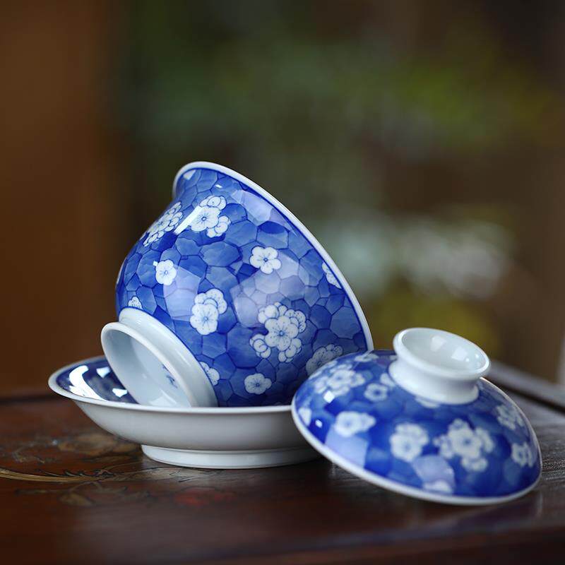 景德镇陶瓷青花瓷盖碗手绘冰梅二才盖碗茶杯单个家用茶具自用茶碗