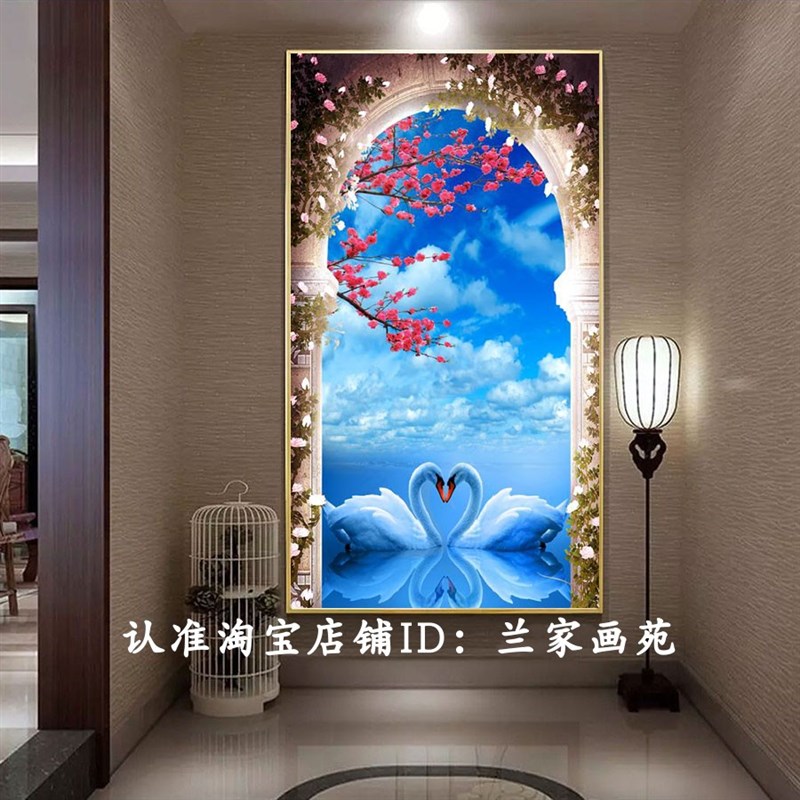 欧式典雅玄关画田园花鸟装饰画走廊唯美花园壁挂画竖版森林山水画