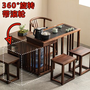 可旋转茶桌可移动小茶车胡桃木实木阳台家用桌椅组合茶台茶几带轮