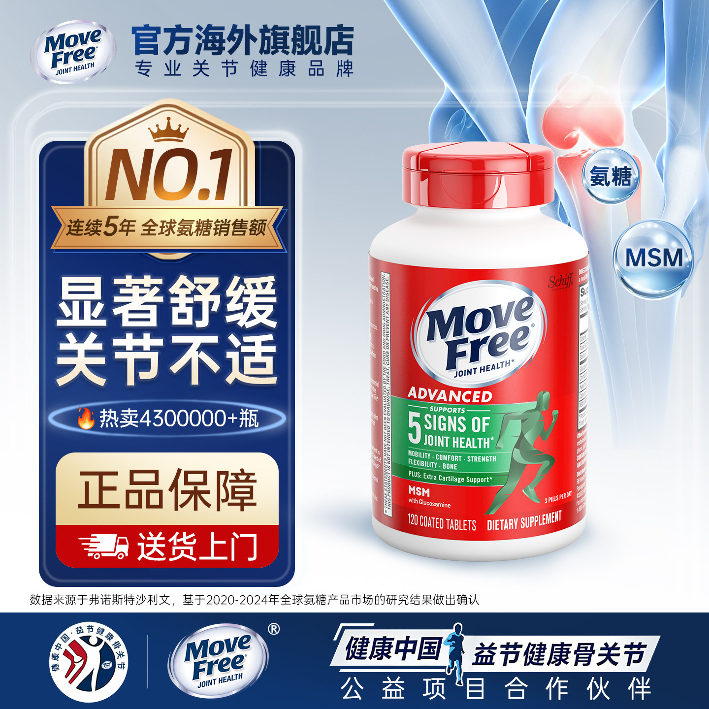 【旗舰店】MoveFree氨糖软骨素益节绿瓶氨基葡萄糖胶原装美国官方