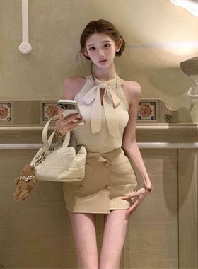 韩系纯欲轻奢蝴蝶结镂空裙套装女