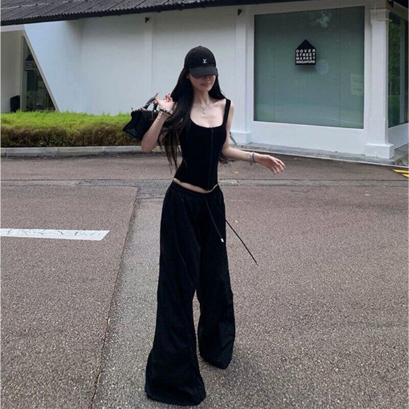 夏季新款出片高级衣服韩系纯欲辣妹风鱼骨修身上衣宽松休闲裤套装