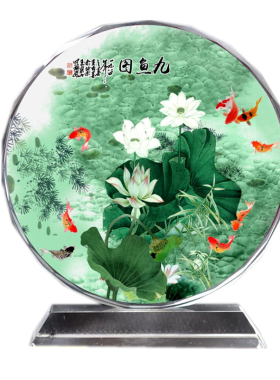 国画九鱼图九条鱼装饰画流水生财荷花迎客水晶摆件工艺品书桌玄关