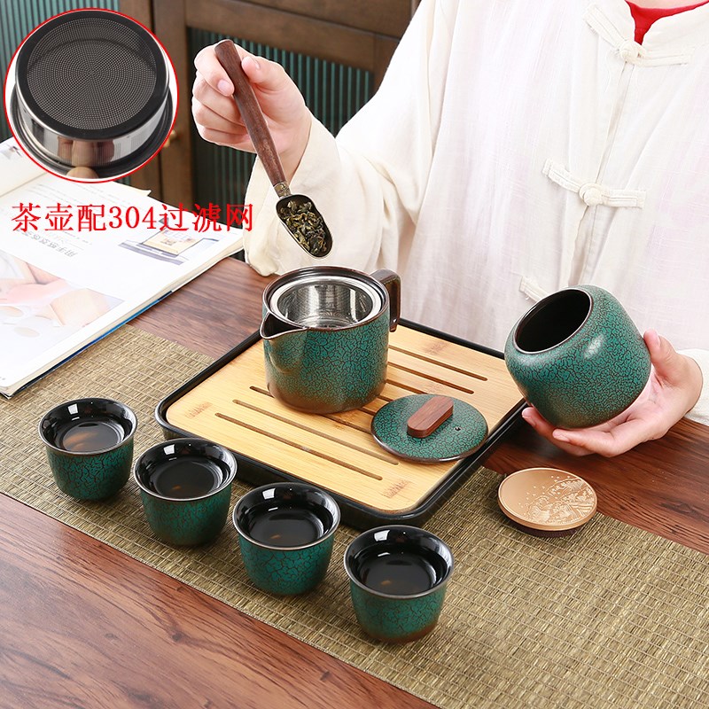松柏绿功夫茶具一壶四杯日式简约干泡盘家用办公室陶瓷茶壶套装精
