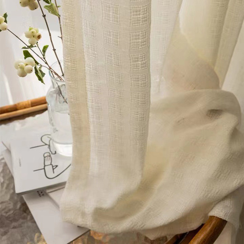 阳台遮阳窗纱卧室纱帘遮挡帘 防晒蕾丝防蚊门窗奶油色短纱免打孔