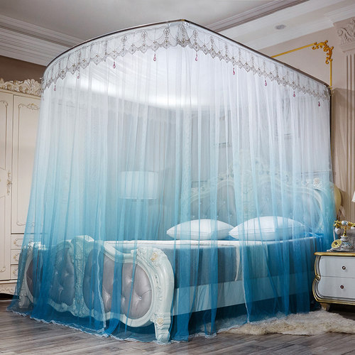 U型伸缩蚊家用帐渐变色加密1.5米1.8m床双人加厚支架公主风纹帐