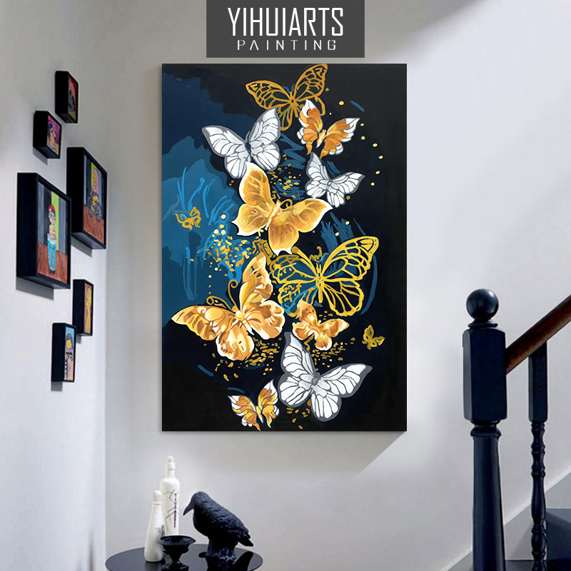 轻奢风挂画玄关走廊过道竖版装饰画原创纯手绘油画蝴蝶动物壁画图片