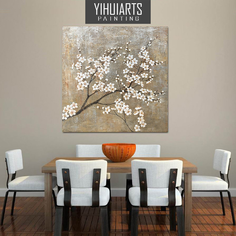 纯手绘桃花卉油画挂画客餐厅现代简约轻奢壁画刮刀立体老装饰画