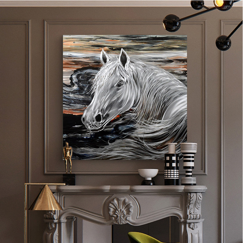 铝板画入户玄关客厅沙发背景墙壁装饰画挂画手绘现代简约骏马油画