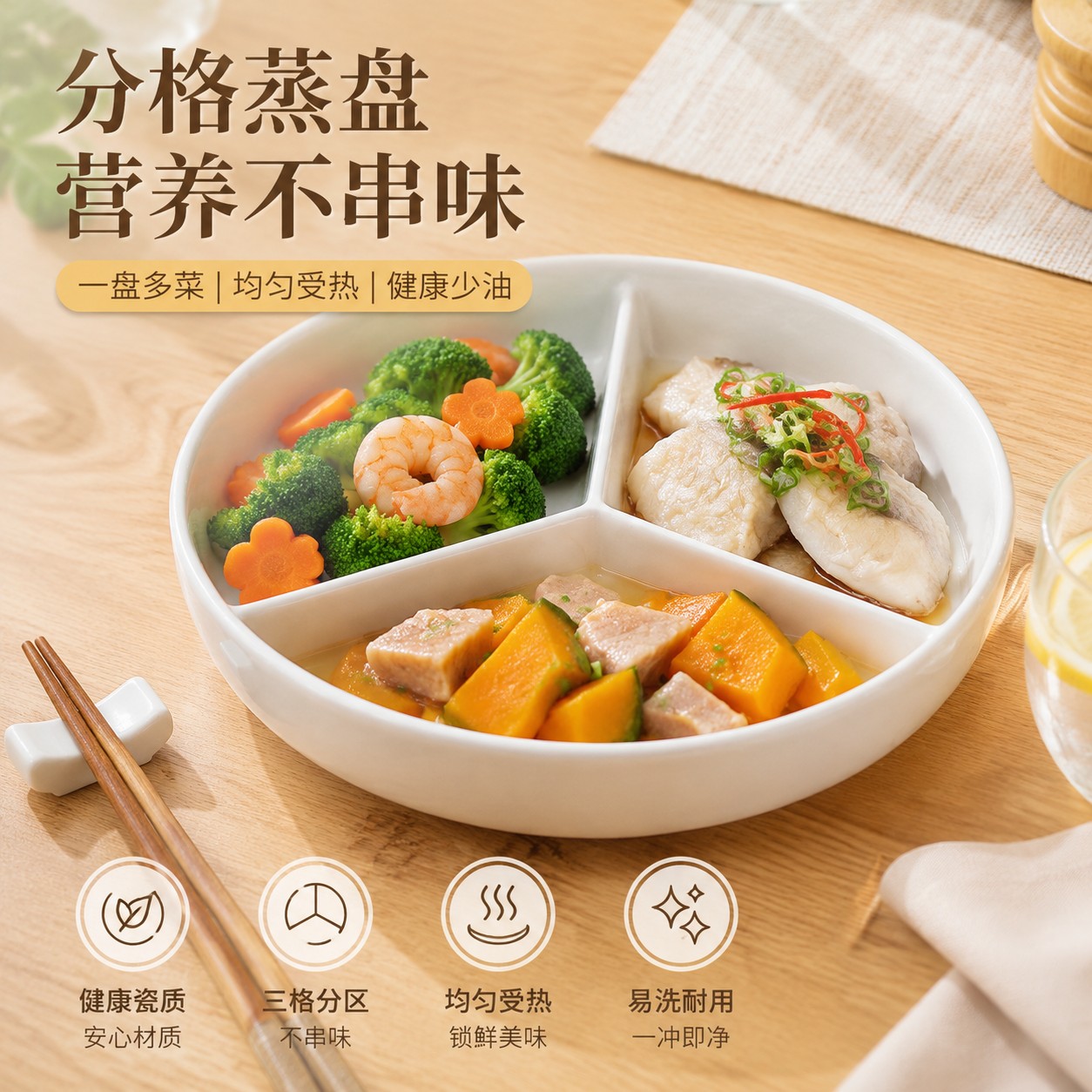 三格儿童分格蒸盘宝宝日本陶瓷2026高级感漂亮食品级防烫隔水餐盘