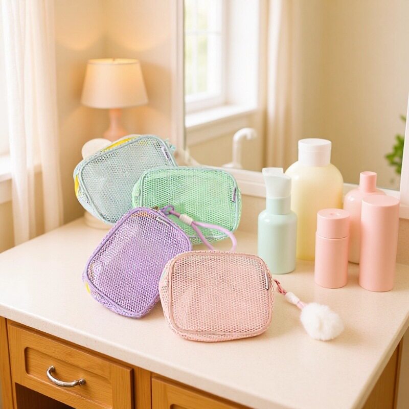 小鱼豆腐化妆包网格收纳袋可爱袋透气旅行补妆化妆收纳包