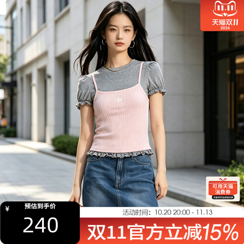 adidas阿迪达斯三叶草女秋假两件泡泡袖短款运动短袖T恤LI5118