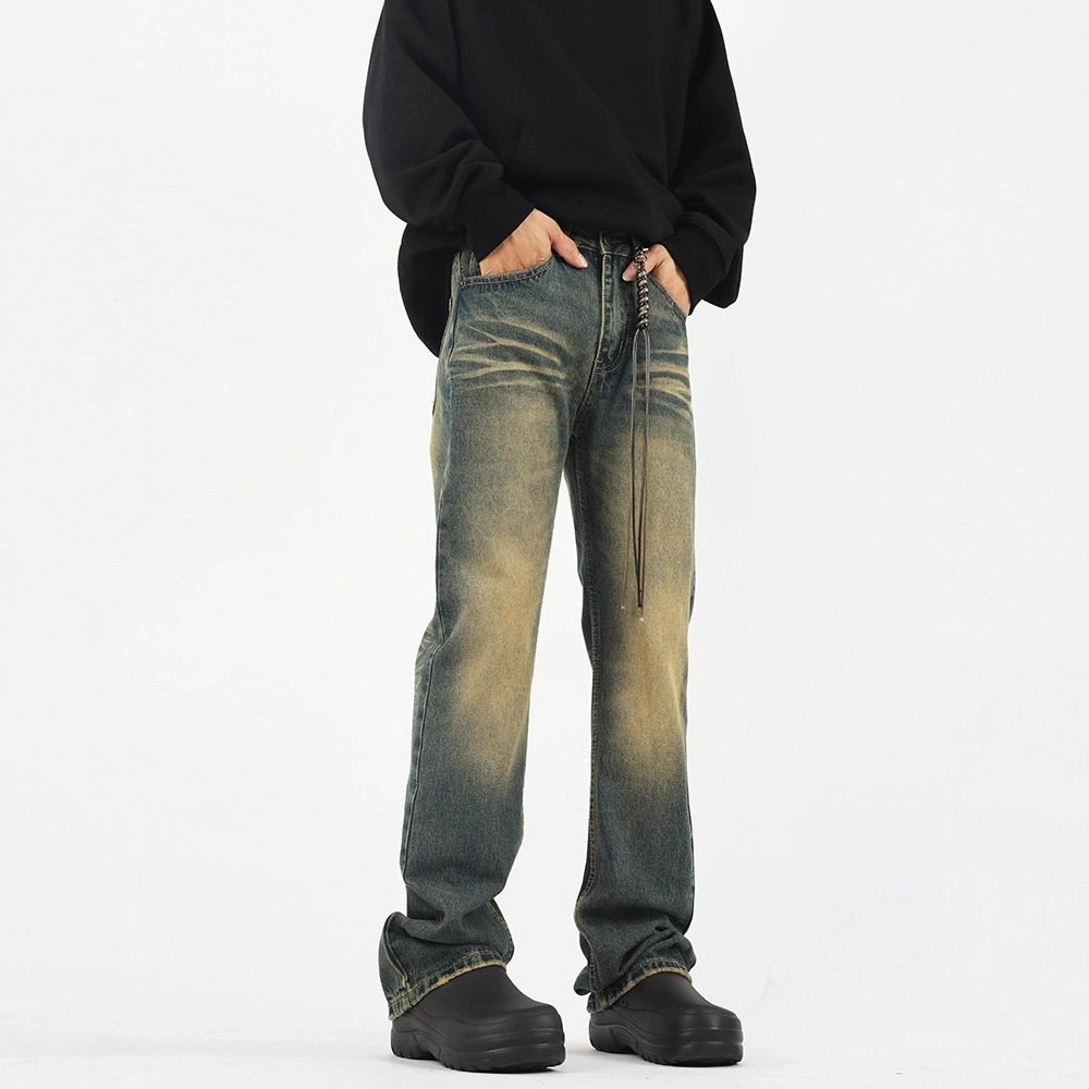 美式高街vibe做旧黄泥染水洗牛仔裤男潮ins直筒微喇cleanfit裤子