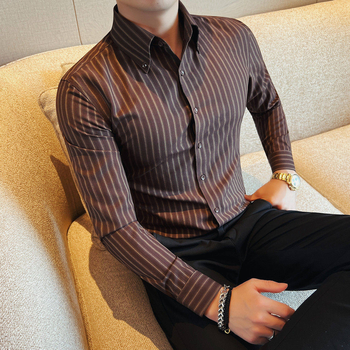 2026春装新款男士长袖条纹衬衫 修身商务休闲风大尖领微弹衬衣