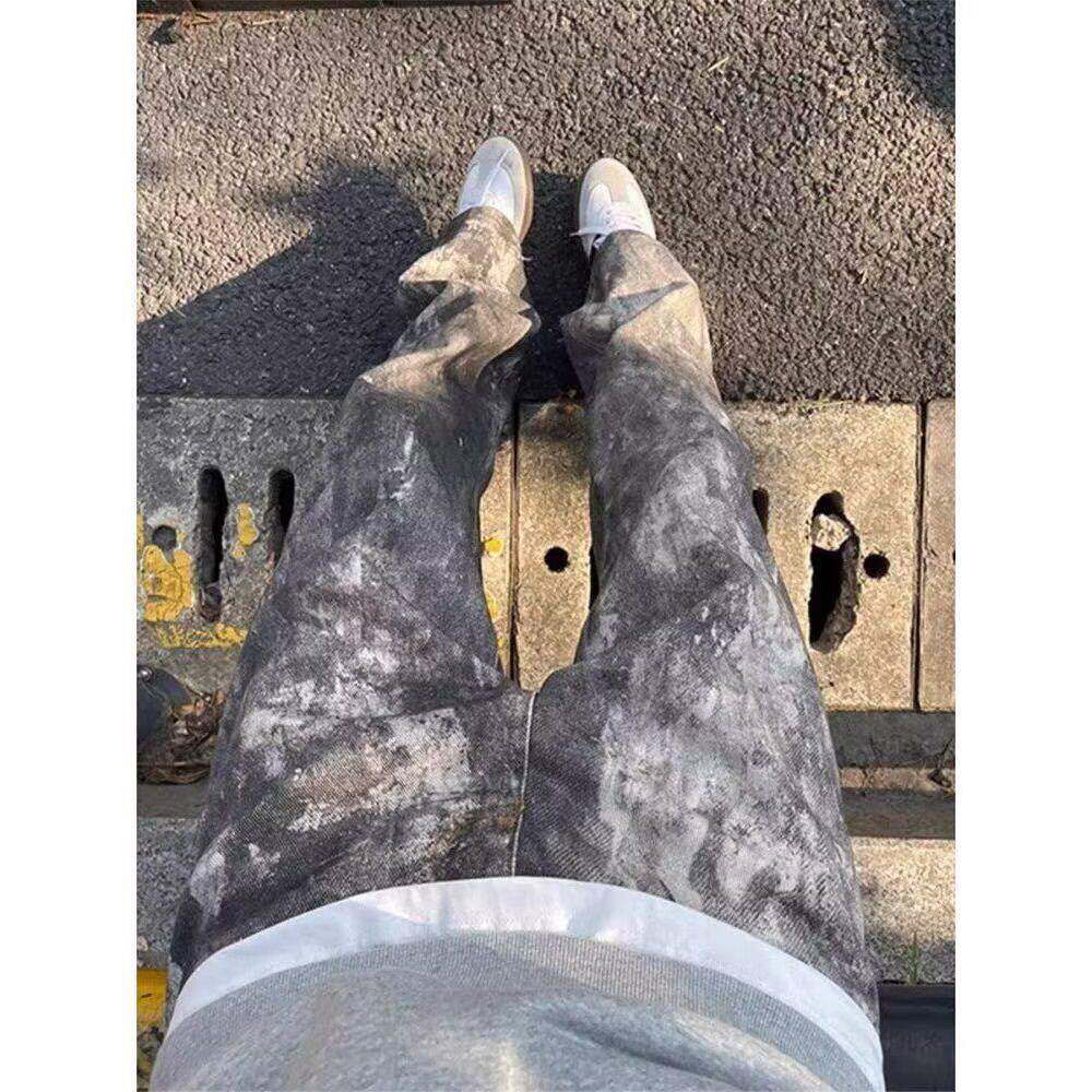 美式复古迷彩牛仔裤男款春秋新款高级感修身显瘦百搭休闲工装长裤