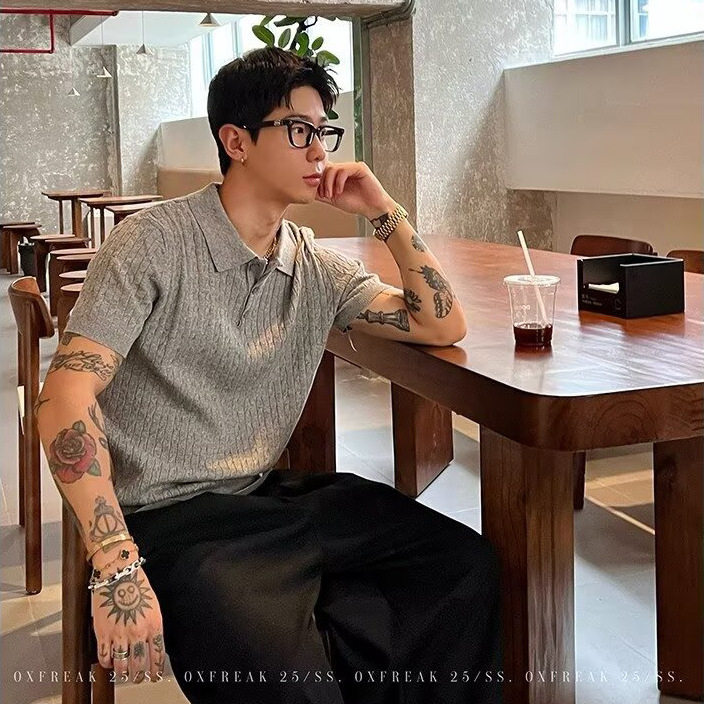 老钱风POLO衫翻领短袖针织衫男麻花英伦商务冰丝T恤跨境外贸批发