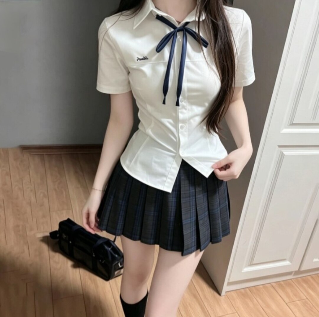 学院辣妹收腰长袖短袖衬衫少女风衬衫