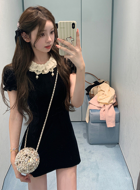 你的懒懒llan【贵贵千金】韩国进口丝绒高贵双层蕾丝领口连衣裙女