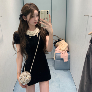 韩国进口丝绒高贵双层蕾丝领口连衣裙女 贵贵千金 你 懒懒llan