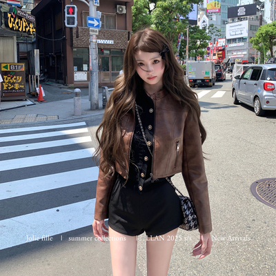 你的懒懒llan复古拉高腰线皮衣