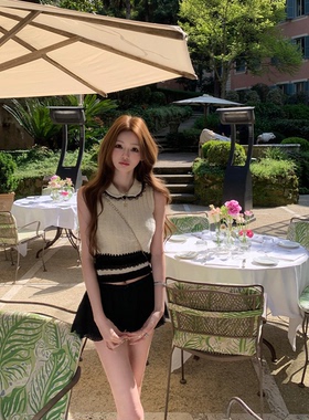 你的懒懒llan【私藏款02年小香】两色娃娃领针织蕾丝拼接无袖上衣