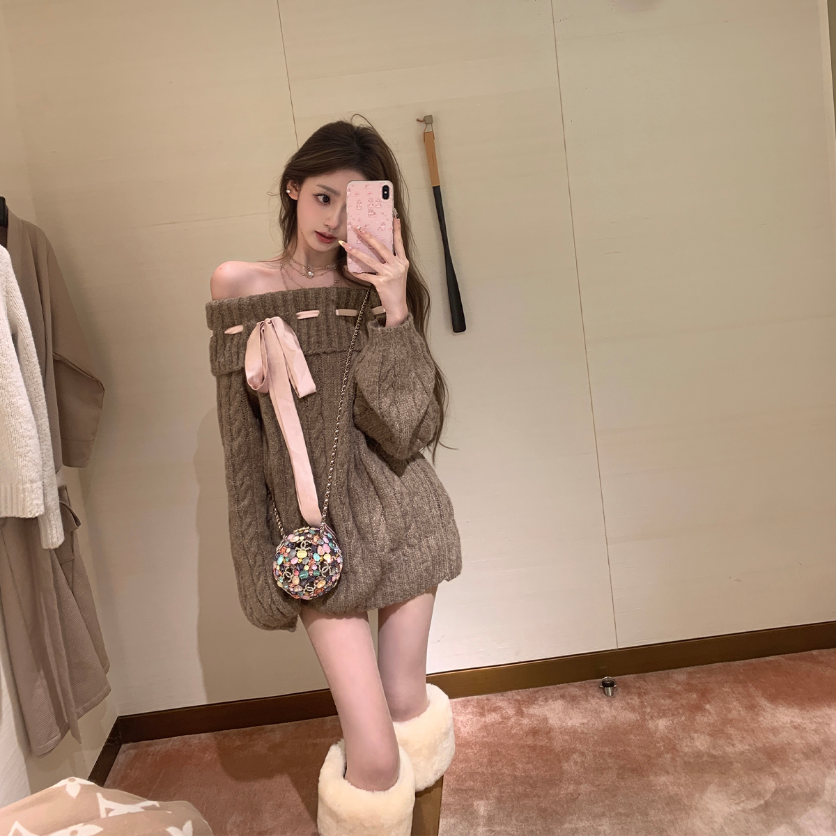 你的懒懒llan【白色恋人】蝴蝶结三色绞花绑带versize针织毛衣裙