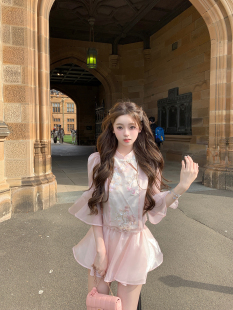 新中式 落日芍药 珠片刺绣七分水袖 上衣 你 短裙套装 懒懒llan