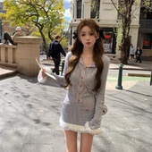 懒懒llan 25B蓝花楹 宽松拼接纱线毛感针织上衣 你 半裙套装