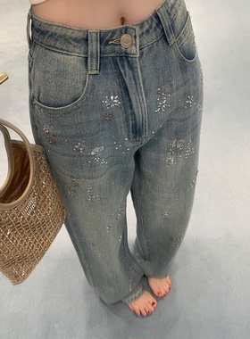 你的懒懒llan【巴黎爆闪裤】重工定制鎏金烫钻水洗垂感牛仔裤女