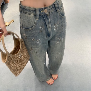你的懒懒llan【巴黎爆闪裤】重工定制鎏金烫钻水洗垂感牛仔裤女