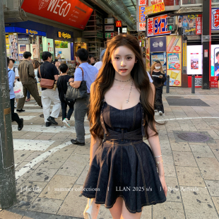 你的懒懒llan【巴赫旧约】露背连肩腰带伞型大摆百搭牛仔连衣裙女